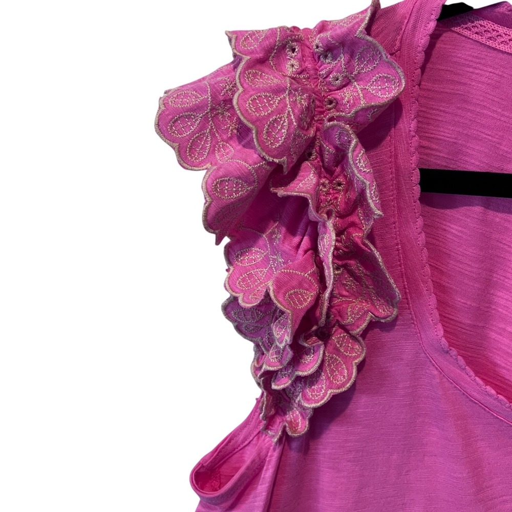 Democracy Salmon‎ Pink Ruffle Embroidered Sleeve Top Shirt Women's Size L - Picture 2 of 7